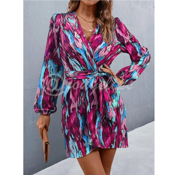 Printed Blue Purple Pink Wrap Short Dress Tie Belt Long Lantern Sleeve - Picture 4 of 10